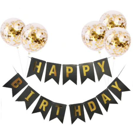 Happy Birthday slinger DELUXE met 5 confetti ballonnen | Verjaardag | Luxe uitvoering | Zwart & Goud | Verjaardagsfeest versiering & decoratie| Feestslinger | Feest |  kinderfeest | party ballon |  Sarah & abraham | 18, 21, 30, 40, 50 jaar